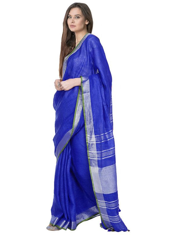 Duke Blue women's Bhagalpuri Handloom Cotton Linen Blend Saree With Contrast Unstiched Blouse Piece - View 3