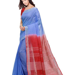 Web Blue & Red women's Handloom Bhagalpuri Cotton Linen Blend Two Dye Saree With Running Unstitched Blouse Piece - View 4