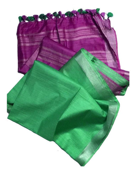 Electric Purple & Emerald Green women's Ethnic Wear Bhagalpuri Handloom Cotton Slub Blend Two Dye Saree With Running Unstitched Blouse Piece