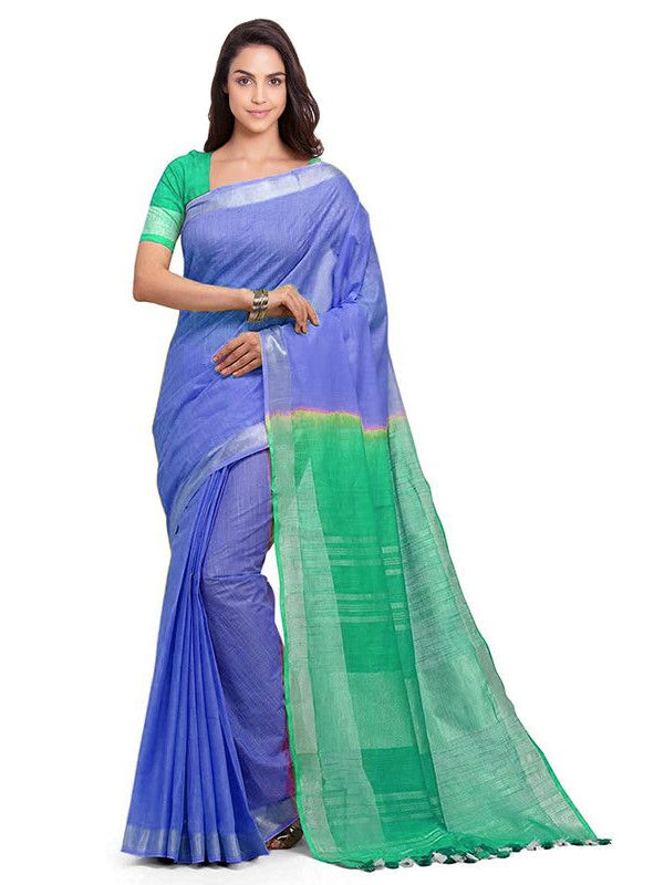 Iris Blue & Aquamarine Turquoise women's Handloom Bhagalpuri Linen Cotton Slub Blend Two Dye Saree With Running Unstitched Blouse Piece