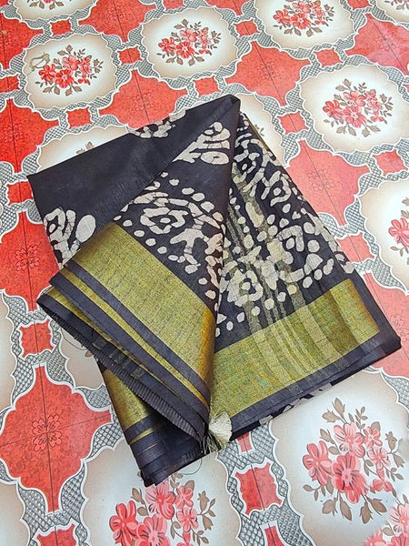 Bhagalpuri Linen Cotton Blend Handloom Batik Print Saree (GLBR_Gold-Black) - View 2
