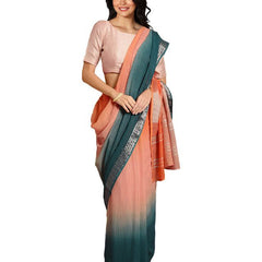 Mango Orange & Teal Green women's Bhagalpuri Handloom Linen Cotton Blend Two Dye Saree With Running Unstitched Blouse Piece