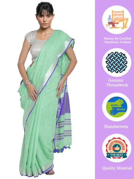 Aquamarine Turquoise-Blue women's Bhagalpuri Handloom Cotton Linen Blend Contrast Pallu Saree And Unstitched Contrast Blouse Piece - View 2