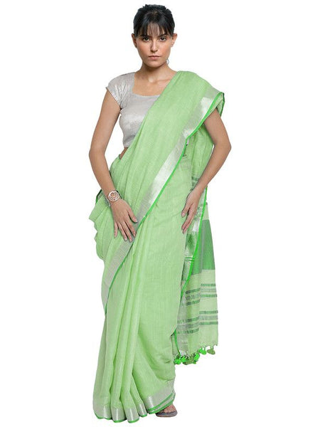 Light Green-Green women's Bhagalpuri Handloom Cotton Linen Blend Contrast Pallu Saree And Unstitched Contrast Blouse Piece