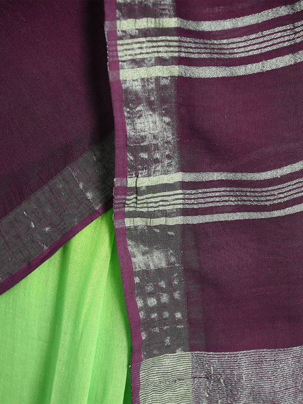 Neon Green & Byzantium Purple women's Bhagalpuri Handloom Linen Slub Blend Two Dye Saree With Running Unstitched Blouse Piece - View 6