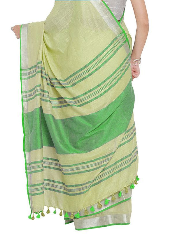 Mindaro Green-Green women's Bhagalpuri Handloom Cotton Linen Blend Contrast Pallu Saree And Unstitched Contrast Blouse Piece - View 6