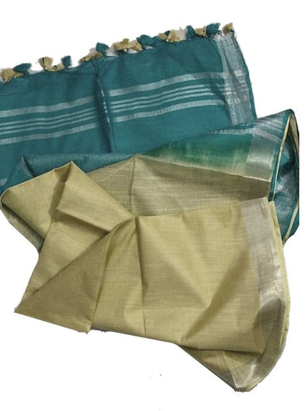 Skebeloff Cyan & Khaki Tan women's Bhagalpuri Ethnic Wear Handloom Cotton Linen Slub Blend Zari Border Two Dye Saree With Running Unstitched Blouse Piece