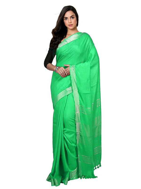 Spring Green Bhagalpuri women's Handloom Linen Cotton Ethnic Wear Saree With Running Unstitched Blouse Piece - View 7