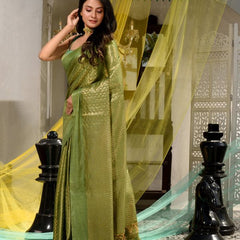 Women's Cotton Tissue Silk Bhagalpuri Designer Handloom Weaving Saree (Avocado_Green) - View 3