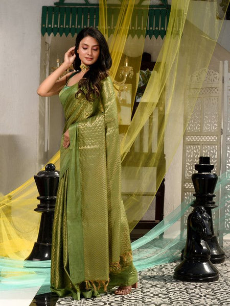 Women's Cotton Tissue Silk Bhagalpuri Designer Handloom Weaving Saree (Avocado_Green) - View 3