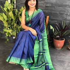 Bhagalpuri Handloom Kota Silk Temple Border Saree And Variation Of Colors With Striped Blouse Piece - View 3