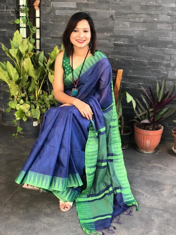 Bhagalpuri Handloom Kota Silk Temple Border Saree And Variation Of Colors With Striped Blouse Piece - View 3