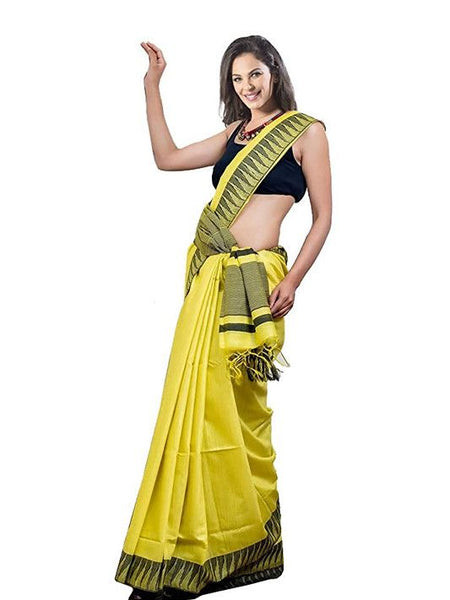 Yellow women's Bhagalpuri Handloom Kota Silk Temple Border Saree And Variation Of Colors With Striped Blouse Piece
