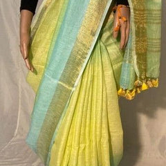 Handloom Linen Tricolor Bhagalpuri Saree with Gold Zari Border