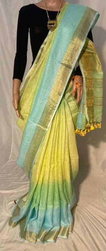 Handloom Linen Tricolor Bhagalpuri Saree with Gold Zari Border
