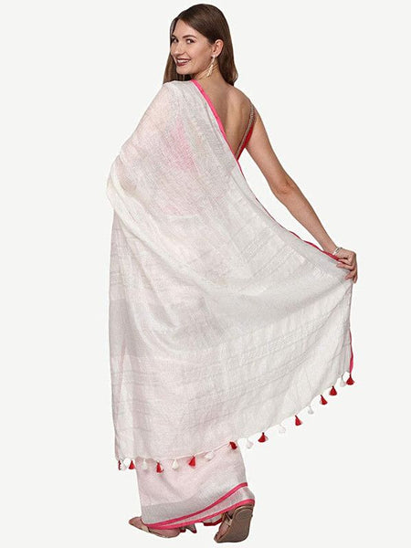 White-Pink women's Handloom Bhagalpuri Cotton Linen Blend Saree Ethnic Wear With Contrast Unstitched Blouse Piece - View 5