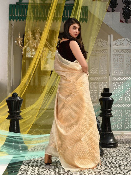 Cotton Tissue Silk Geometric Pattern Designer Saree (Ecru_Beige) - View 4