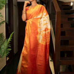 Sibory Handloom Bhagalpuri Silk Bandhani Dye Sequins Striped Saree (Yellowish_Orange) - View 5