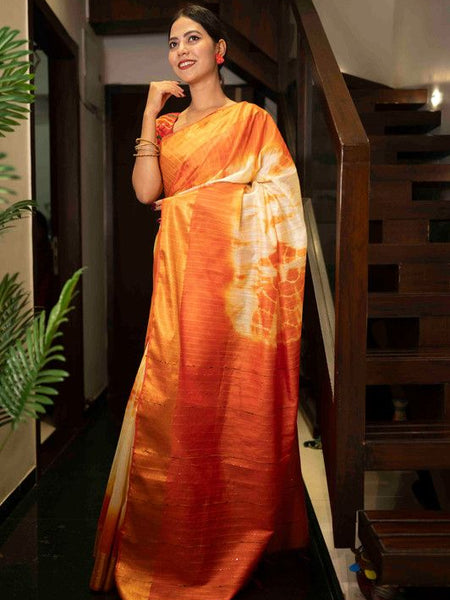 Sibory Handloom Bhagalpuri Silk Bandhani Dye Sequins Striped Saree (Yellowish_Orange) - View 5