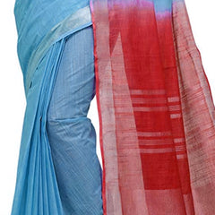 Electric Blue & Red women's Handloom Bhagalpuri Cotton Slub Blend Two Dye Saree With Running Unstitched Blouse Piece - View 4
