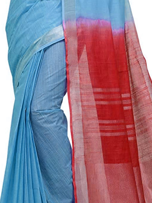 Electric Blue & Red women's Handloom Bhagalpuri Cotton Slub Blend Two Dye Saree With Running Unstitched Blouse Piece - View 4