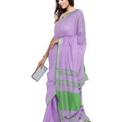 Wisteria Purple-Green women's  Bhagalpuri Handloom Cotton Linen Blend Contrast Pallu Saree And Unstitched Contrast Blouse Piece - View 3