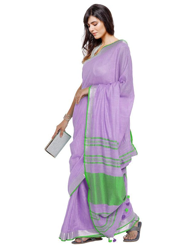 Wisteria Purple-Green women's  Bhagalpuri Handloom Cotton Linen Blend Contrast Pallu Saree And Unstitched Contrast Blouse Piece - View 3