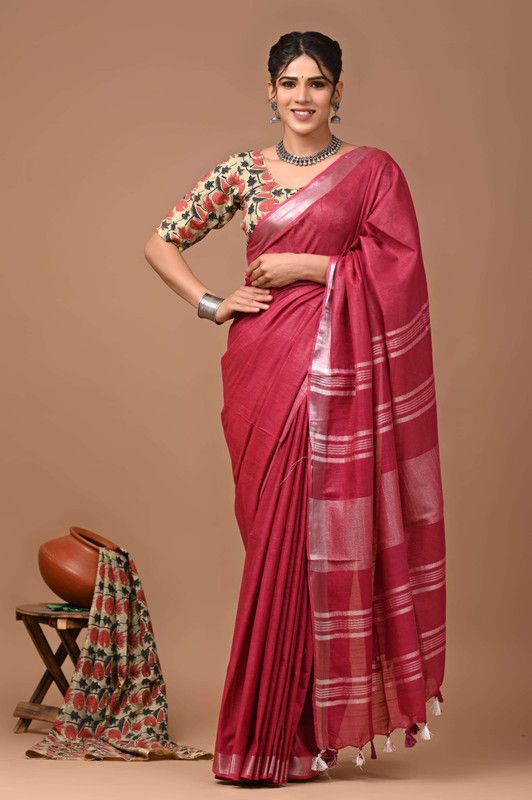 Linen Cotton Blend Handloom Bhagalpuri Saree with Zari Border (12783 Cerise_Pink)