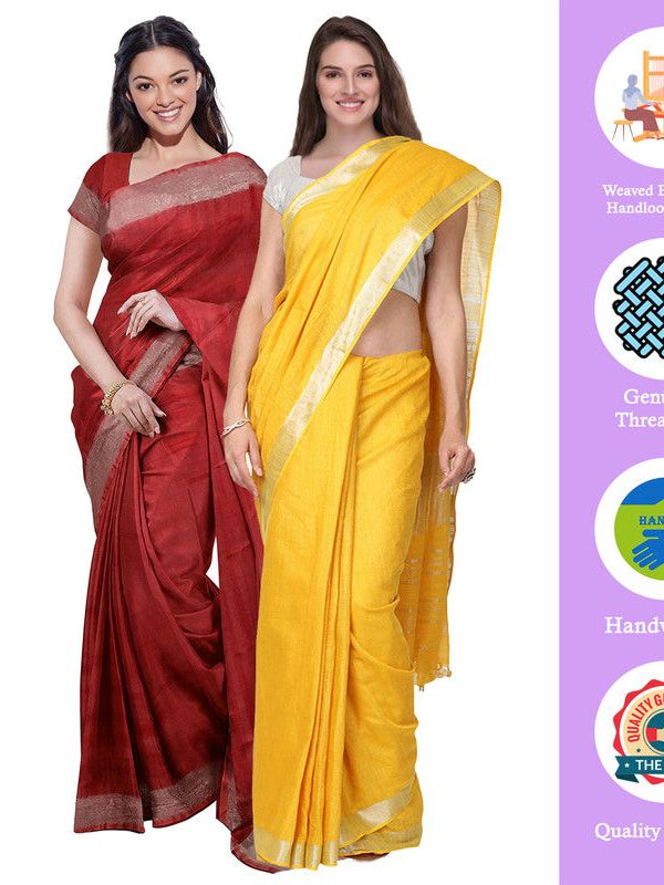 Red & Yellow women's Bhagalpuri Handloom Cotton-Linen Blend Saree Combo (Pack Of 2) With Running Unstiched Blouse Piece - View 2