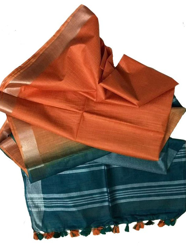 Prusian Blue & Carol Orange women's Bhagalpuri Ethnic Wear Handloom Cotton Linen Slub Blend Zari Border Two Dye Saree With Running Unstitched Blouse Piece - View 3