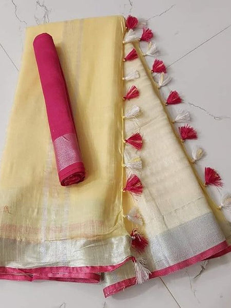 Handloom Bhagalpuri Linen Cotton Blend Contrast Border Saree for Women (12645 Strew_Creame-Pink)