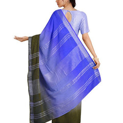 Neon Blue & Brownish Green women's Bhagalpuri Handloom Linen Cotton Blend Two Dye Saree With Running Unstitched Blouse Piece - View 4