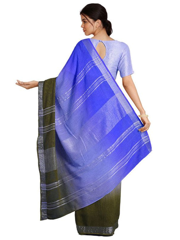Neon Blue & Brownish Green women's Bhagalpuri Handloom Linen Cotton Blend Two Dye Saree With Running Unstitched Blouse Piece - View 4