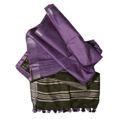 Dark Moss Green & Ultra Violet women's Bhagalpuri Ethnic Wear Handloom Cotton Linen Slub Blend Zari Border Two Dye Saree With Running Unstitched Blouse Piece