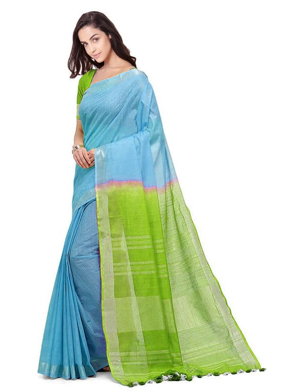 Cyan & Apple Green women's Bhagalpuri Handloom Pure Cotton Two Dye Saree With Running Unstitched Blouse Piece - View 3