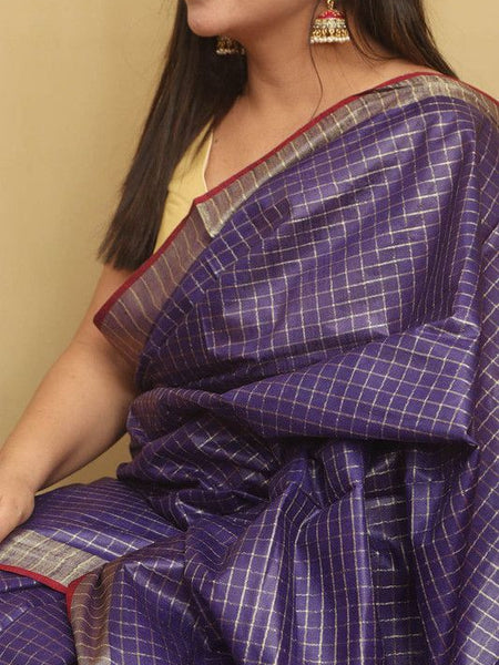 Bhagalpuri Linen Blend Check Saree with Contrast Blouse Piece - View 4