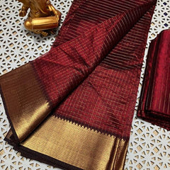 Cotton Silk Handloom Bhagalpuri Wide Border Check Saree (Gold-Maroon_Red)