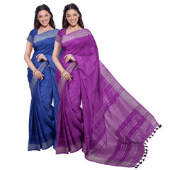 Cobalt Blue & Electric Purple women's Bhagalpuri Handloom Cotton-Linen Blend Saree Combo (Pack Of 2) With Running Unstiched Blouse Piece