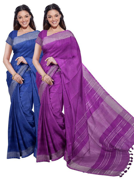 Cobalt Blue & Electric Purple women's Bhagalpuri Handloom Cotton-Linen Blend Saree Combo (Pack Of 2) With Running Unstiched Blouse Piece