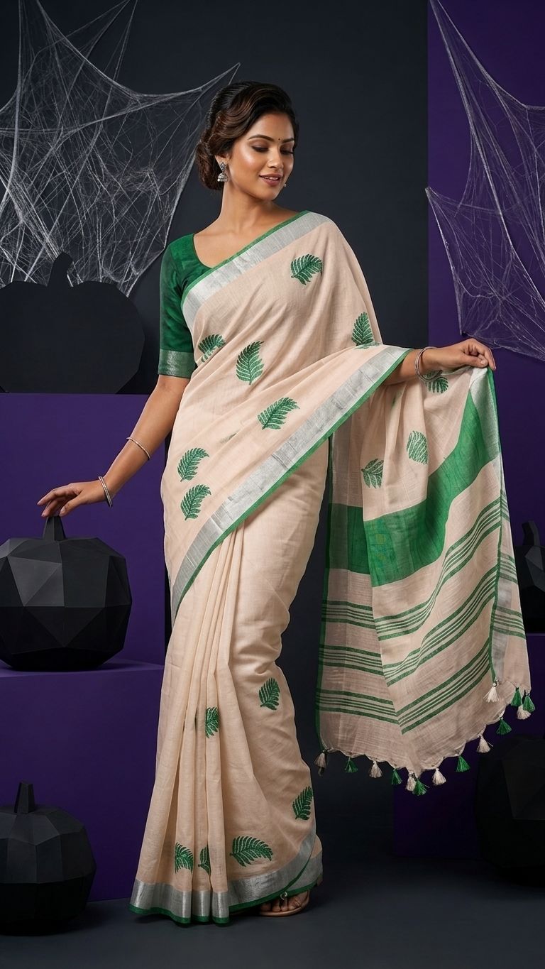 Handwoven Bhagalpuri Linen Blend Embroidered Saree With Contrast Blouse Piece(Beige _Bottle Green)