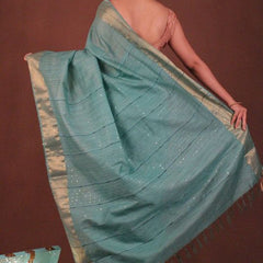 Handloom Silk Bhagalpuri Striped Sequins Turquoise Saree - View 2