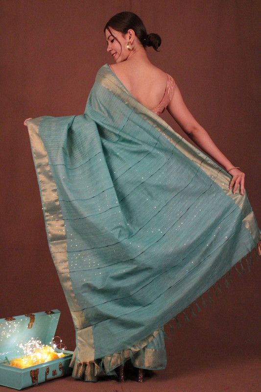 Handloom Silk Bhagalpuri Striped Sequins Turquoise Saree - View 2