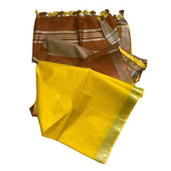 Golden Brown & Yellow women's Bhagalpuri Ethnic Wear Handloom Cotton Linen Slub Blend Zari Border Two Dye Saree With Running Unstitched Blouse Piece