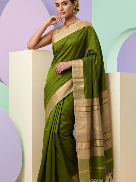 Tussar Cotton Silk Bhagalpuri Saree with Designed Border for women with Free Blouse Piece (Avocado Green) - View 3