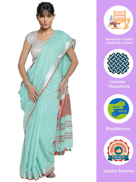 Bhagalpuri Handloom Cotton Linen Blend Contrast Pallu Saree And Unstitched Contrast Blouse Piece - View 2