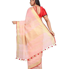 Linen Cotton Blend Contrast Handloom Bhagalpuri Saree for Women (Gold-Ecru_Pink-Red) - View 3