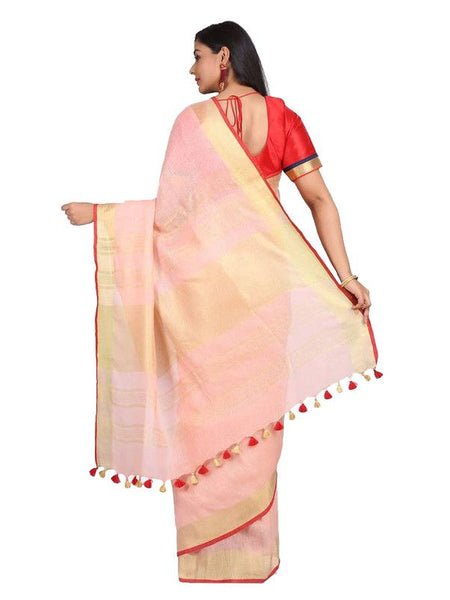 Linen Cotton Blend Contrast Handloom Bhagalpuri Saree for Women (Gold-Ecru_Pink-Red) - View 3