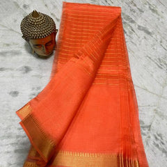 Bhagalpuri Handloom Cotton Silk Check Half Body Saree for women's (Flamingo_Orange)