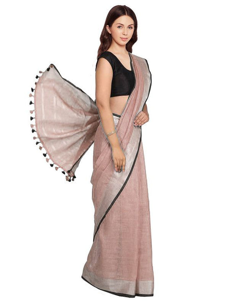 Rosy Brown women's Bhagalpuri Blend Linen Saree With Black Pipine Contrast Blouse Piece - View 2