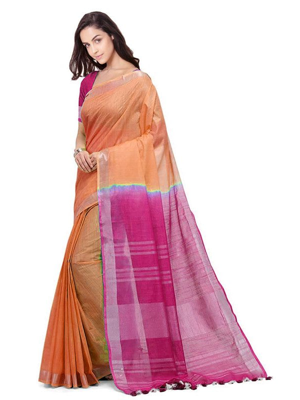 Pumpkin Orange & Raspberry Pink women's  Handloom Bhagalpuri Linen Cotton Slub Blend Two Dye Saree With Running Unstitched Blouse Piece - View 4